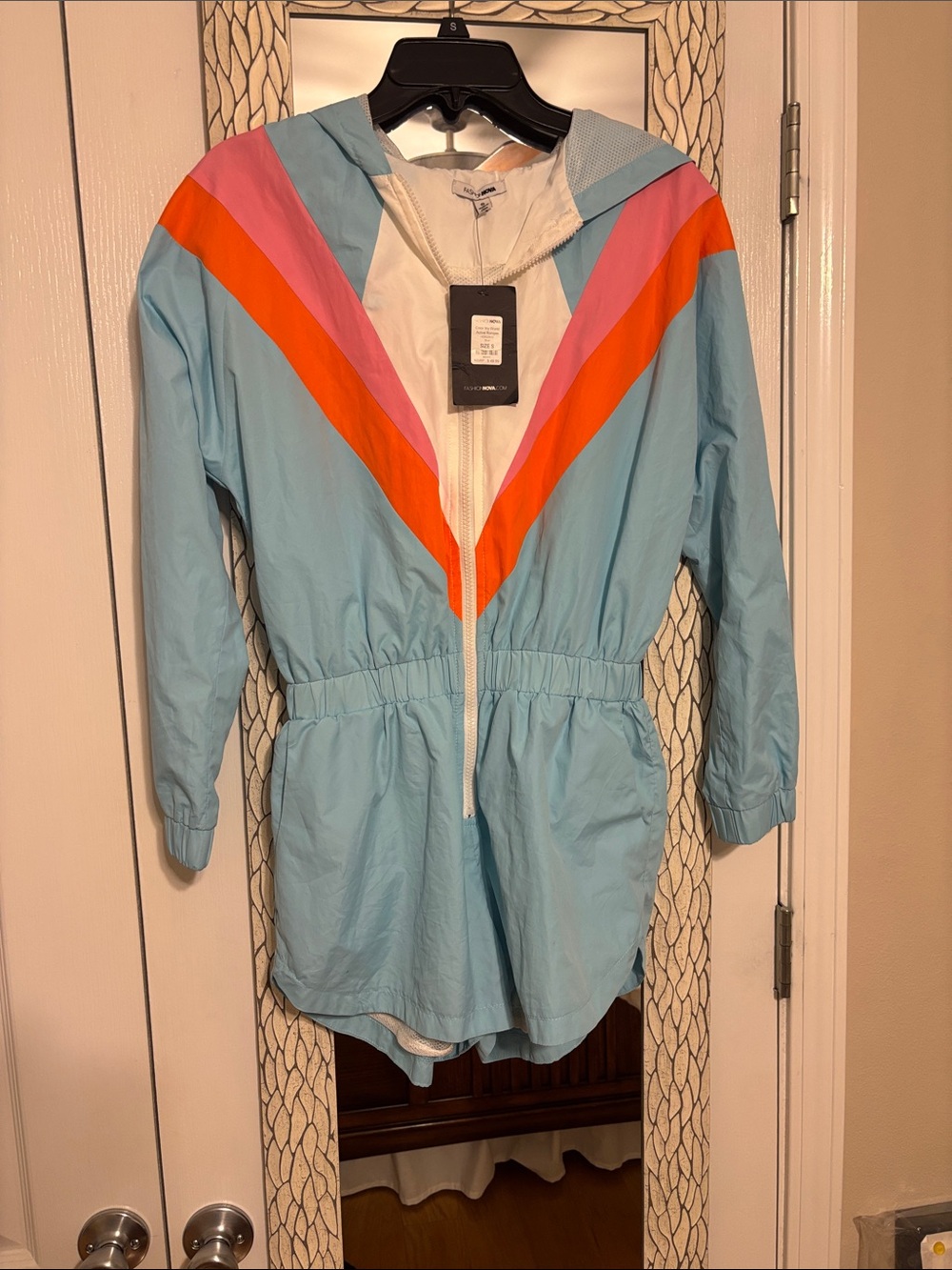 Fashion Nova Light Blue Hooded Romper Jacket with Pink & Orange Chevron